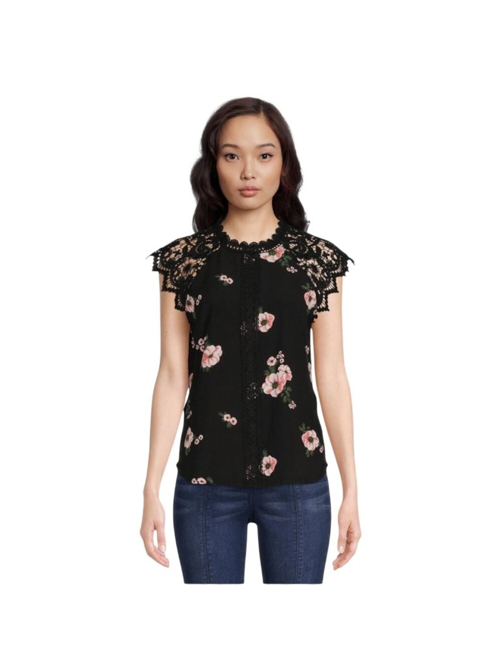 No Boundaries Women XL(15-17)Black Sleeveless Lace Floral Top Pink-White Flowers